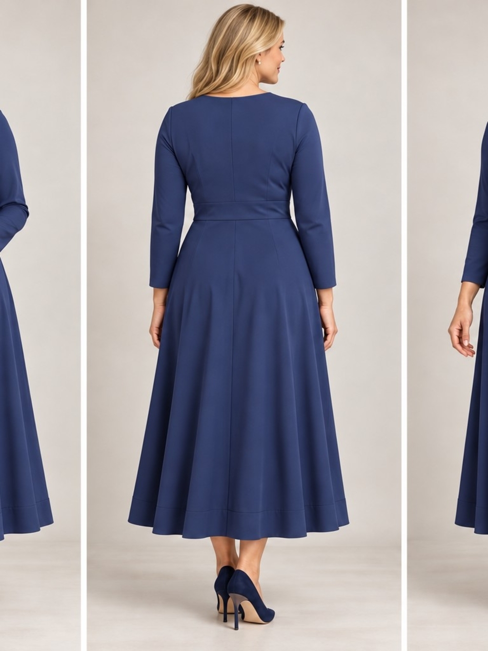 Elegant Navy Long-Sleeve Midi Dress